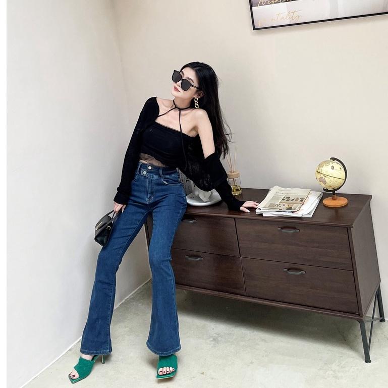 【DOE.FF】原色雙釦包臀牛仔喇叭褲 (現貨) 喇叭褲 顯瘦長褲 牛仔長褲 長褲女 高腰長褲 闊腿褲 女裝 辣妹風-細節圖4