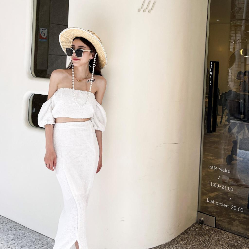 【DOE.FF】 渡假一字領長裙套裝 (現+預) 套裝女 一字領上衣 長裙女 渡假套裝 渡假洋裝 短版上衣 連身裙-細節圖2