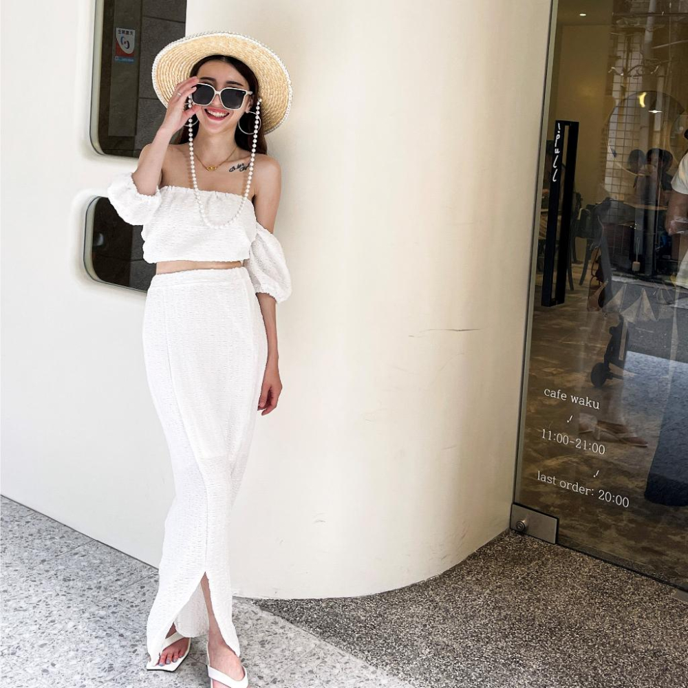【DOE.FF】 渡假一字領長裙套裝 (現+預) 套裝女 一字領上衣 長裙女 渡假套裝 渡假洋裝 短版上衣 連身裙-細節圖3