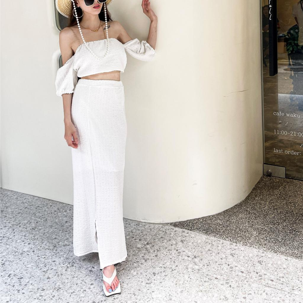 【DOE.FF】 渡假一字領長裙套裝 (現+預) 套裝女 一字領上衣 長裙女 渡假套裝 渡假洋裝 短版上衣 連身裙-細節圖4