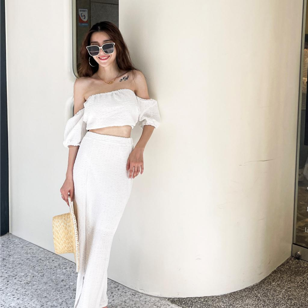 【DOE.FF】 渡假一字領長裙套裝 (現+預) 套裝女 一字領上衣 長裙女 渡假套裝 渡假洋裝 短版上衣 連身裙-細節圖5