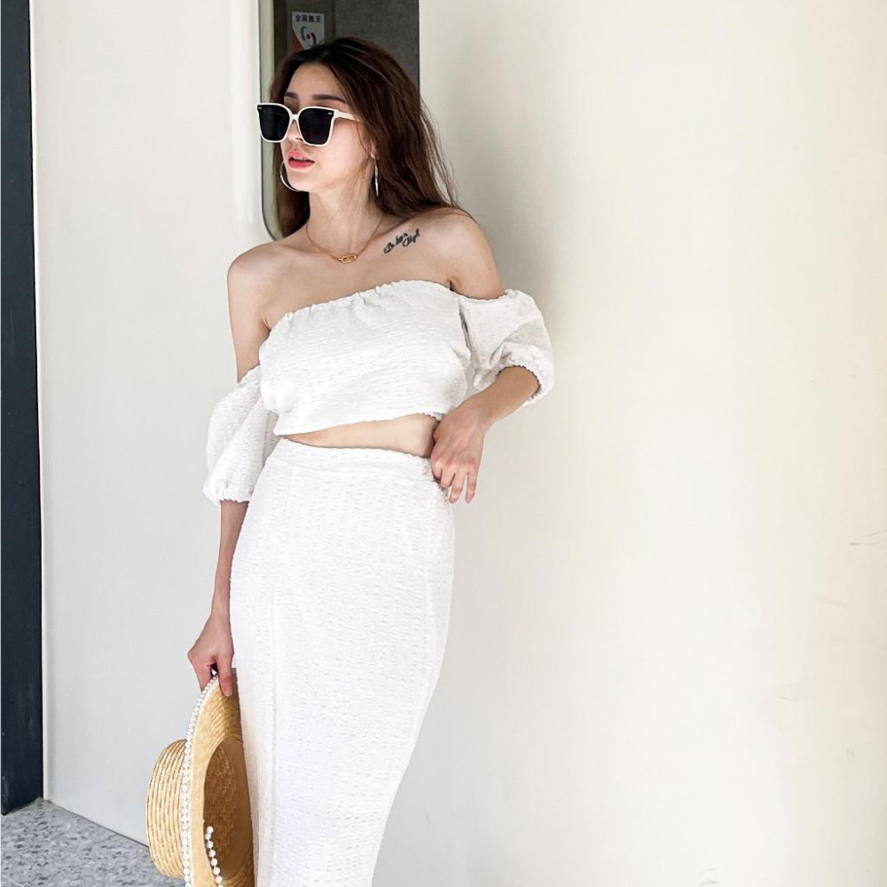 【DOE.FF】 渡假一字領長裙套裝 (現+預) 套裝女 一字領上衣 長裙女 渡假套裝 渡假洋裝 短版上衣 連身裙-細節圖6