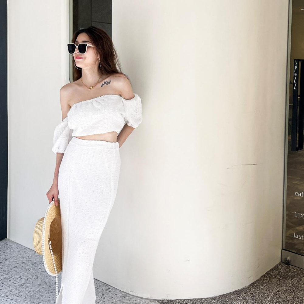 【DOE.FF】 渡假一字領長裙套裝 (現+預) 套裝女 一字領上衣 長裙女 渡假套裝 渡假洋裝 短版上衣 連身裙-細節圖7