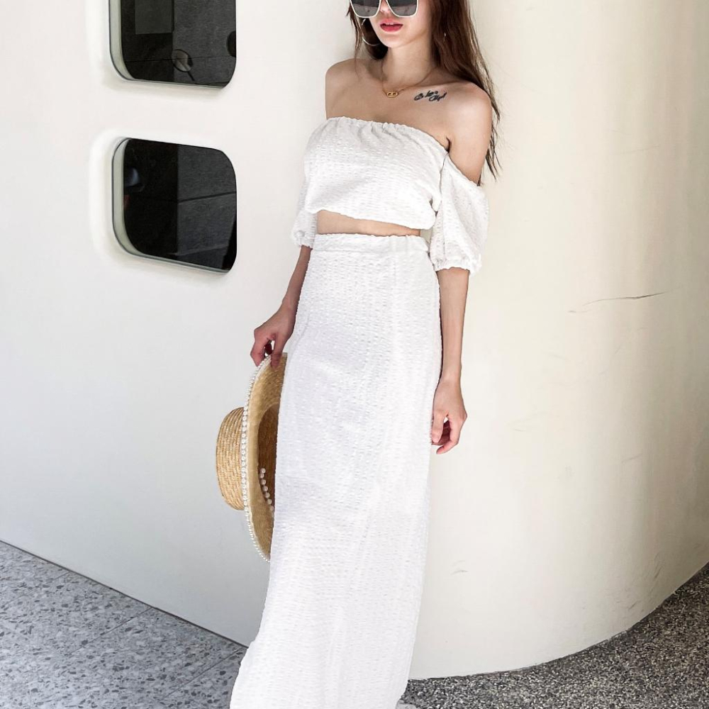 【DOE.FF】 渡假一字領長裙套裝 (現+預) 套裝女 一字領上衣 長裙女 渡假套裝 渡假洋裝 短版上衣 連身裙-細節圖8