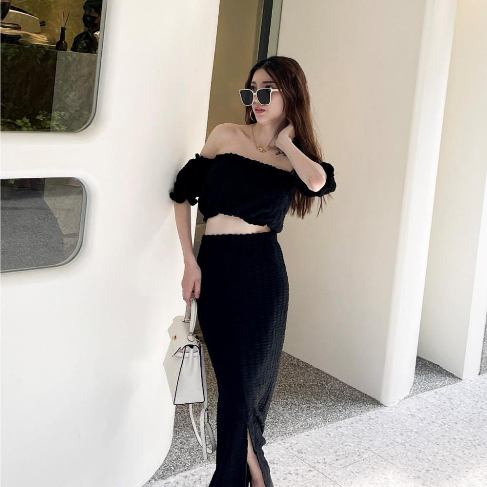 【DOE.FF】 渡假一字領長裙套裝 (現+預) 套裝女 一字領上衣 長裙女 渡假套裝 渡假洋裝 短版上衣 連身裙-細節圖9