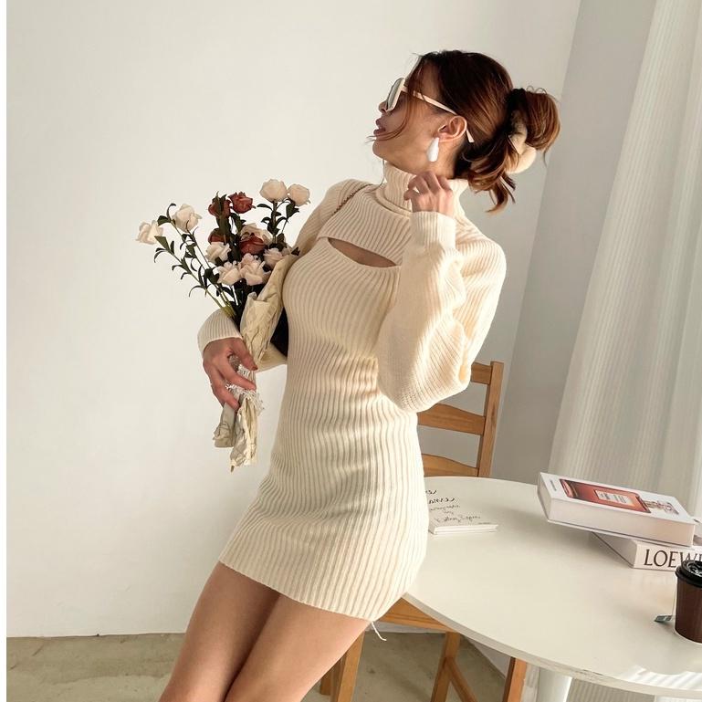 【DOE.FF】高領挖胸合身針織短洋 (現貨) 洋裝 連身洋 辣妹風 高領毛衣 針織毛衣 毛衣女 女裝 小香風-細節圖4