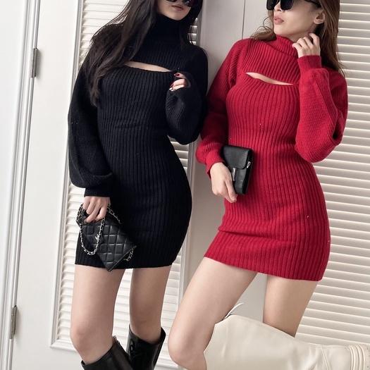 【DOE.FF】高領挖胸合身針織短洋 (現貨) 洋裝 連身洋 辣妹風 高領毛衣 針織毛衣 毛衣女 女裝 小香風-細節圖5