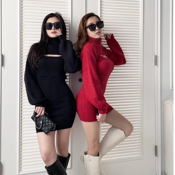 【DOE.FF】高領挖胸合身針織短洋 (現貨) 洋裝 連身洋 辣妹風 高領毛衣 針織毛衣 毛衣女 女裝 小香風-細節圖6