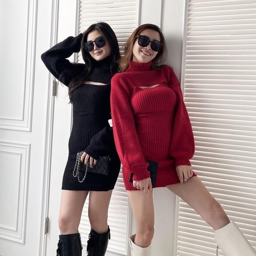 【DOE.FF】高領挖胸合身針織短洋 (現貨) 洋裝 連身洋 辣妹風 高領毛衣 針織毛衣 毛衣女 女裝 小香風-細節圖7