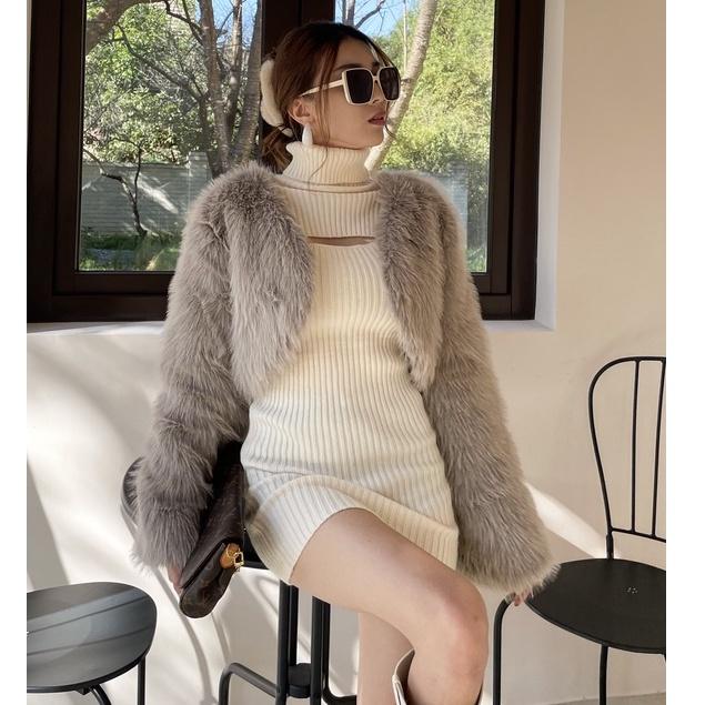 【DOE.FF】高領挖胸合身針織短洋 (現貨) 洋裝 連身洋 辣妹風 高領毛衣 針織毛衣 毛衣女 女裝 小香風-細節圖8