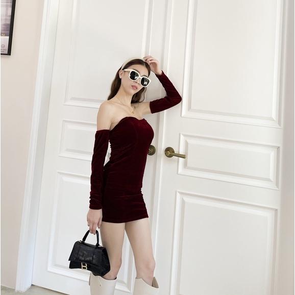 【DOE.FF】 絨布桃心平口短洋(附手袖) (現貨) 辣妹風 一字領 洋裝 連身裙 一字領上衣 露肩上衣 女裝 小香風-細節圖3