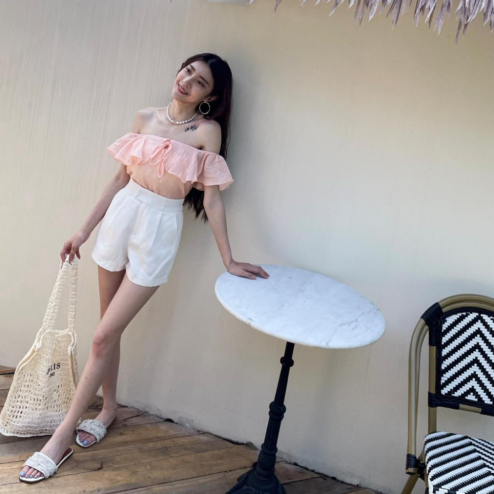 【DOE.FF】 氣質荷葉一字領上衣 (現+預) 短版上衣 雪紡上衣 粉色上衣 露肩上衣 平口上衣 短袖上衣 上衣女-細節圖6