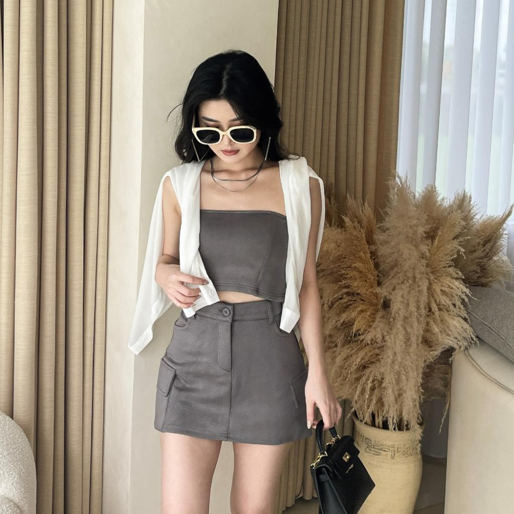 【DOE.FF】 太空棉工裝杯墊套裝 (現貨) 平口背心 背心女 短裙女 A字短裙 套裝女 休閒套裝 辣妹套裝 韓國-細節圖3