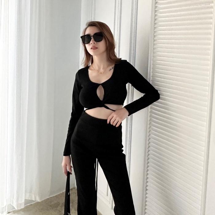 【DOE.FF】歐美BRA綁腰+喇叭褲套裝｜現貨｜套裝女 喇叭褲 辣妹 顯瘦長褲 bratop 秋冬女 短版上衣 歐美-細節圖2