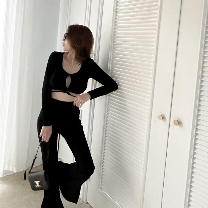 【DOE.FF】歐美BRA綁腰+喇叭褲套裝｜現貨｜套裝女 喇叭褲 辣妹 顯瘦長褲 bratop 秋冬女 短版上衣 歐美-細節圖3