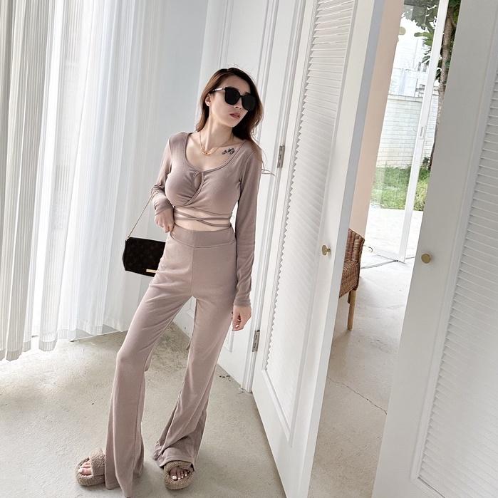 【DOE.FF】歐美BRA綁腰+喇叭褲套裝｜現貨｜套裝女 喇叭褲 辣妹 顯瘦長褲 bratop 秋冬女 短版上衣 歐美-細節圖6