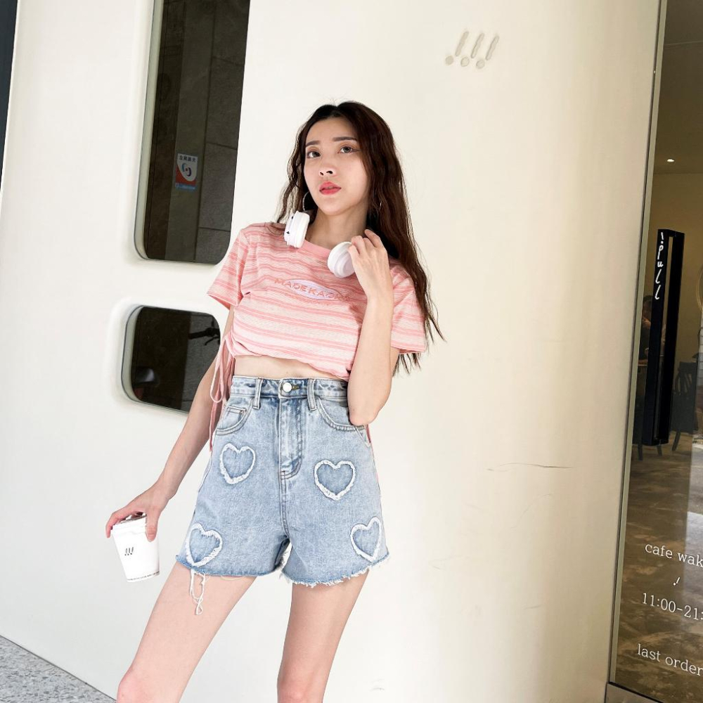 【DOE.FF】 韓國毛編愛心牛仔短褲 (現+預) 牛仔短褲 A字短褲 顯瘦短褲 高腰短褲 短褲女 闊腿褲-細節圖5
