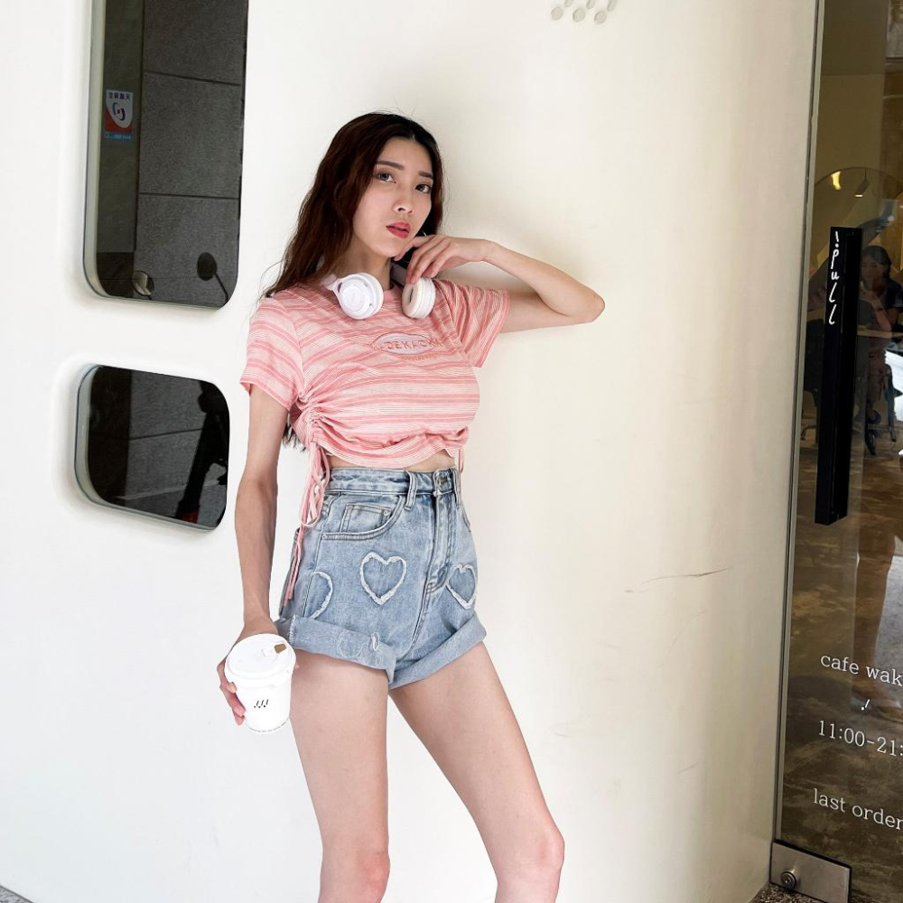 【DOE.FF】 韓國毛編愛心牛仔短褲 (現+預) 牛仔短褲 A字短褲 顯瘦短褲 高腰短褲 短褲女 闊腿褲-細節圖7