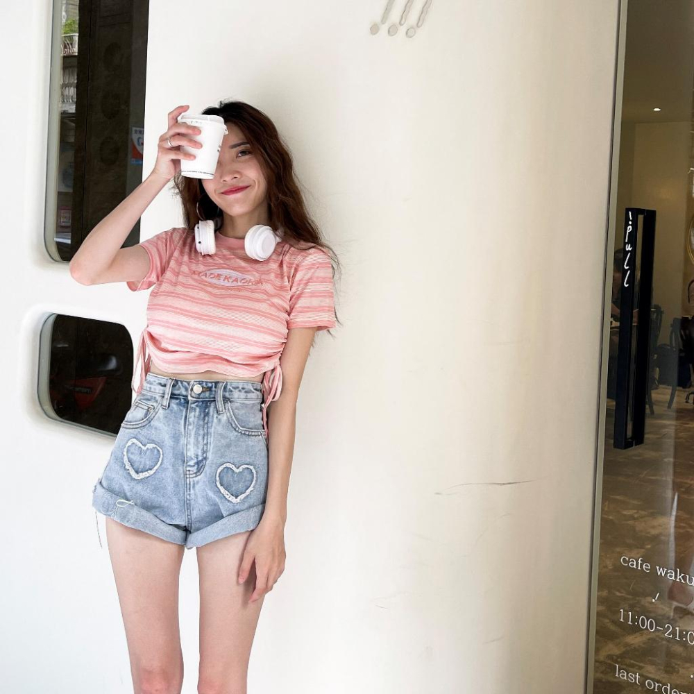 【DOE.FF】 韓國毛編愛心牛仔短褲 (現+預) 牛仔短褲 A字短褲 顯瘦短褲 高腰短褲 短褲女 闊腿褲-細節圖9