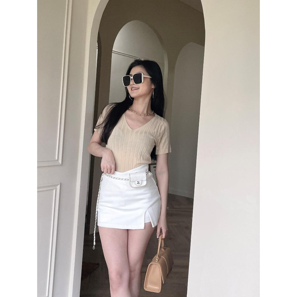 【DOE.FF】 開衩V褲頭彈力褲裙 (現+預) 短裙 a字裙 褲裙 牛仔裙 西裝短裙 裙子女 魔術褲 顯瘦短裙 女裝-細節圖5