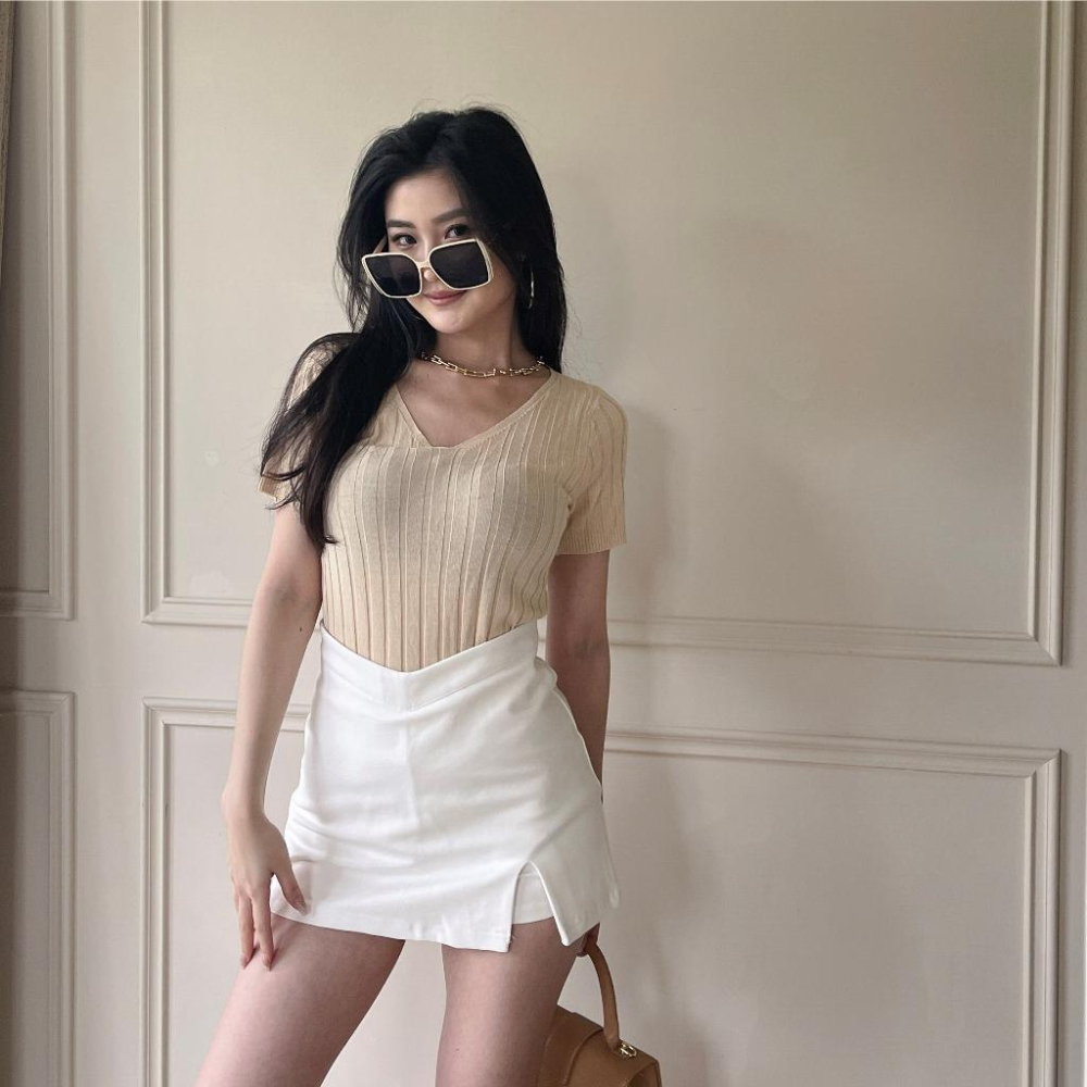 【DOE.FF】 開衩V褲頭彈力褲裙 (現+預) 短裙 a字裙 褲裙 牛仔裙 西裝短裙 裙子女 魔術褲 顯瘦短裙 女裝-細節圖6