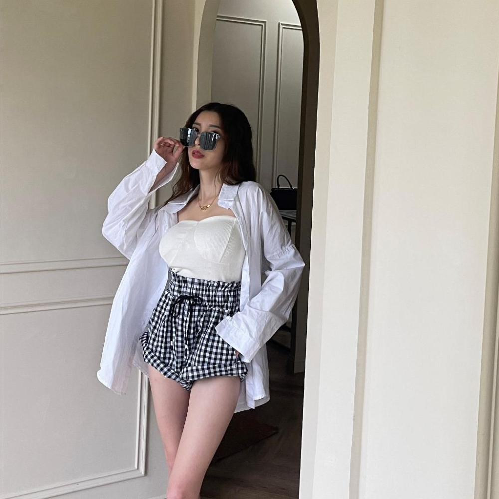 【DOE.FF】 花苞格紋短褲 (現貨) 休閒短褲 顯瘦短褲 A字短褲 闊腿褲 棉短褲 短褲女 綁繩短褲 捲邊短褲-細節圖2