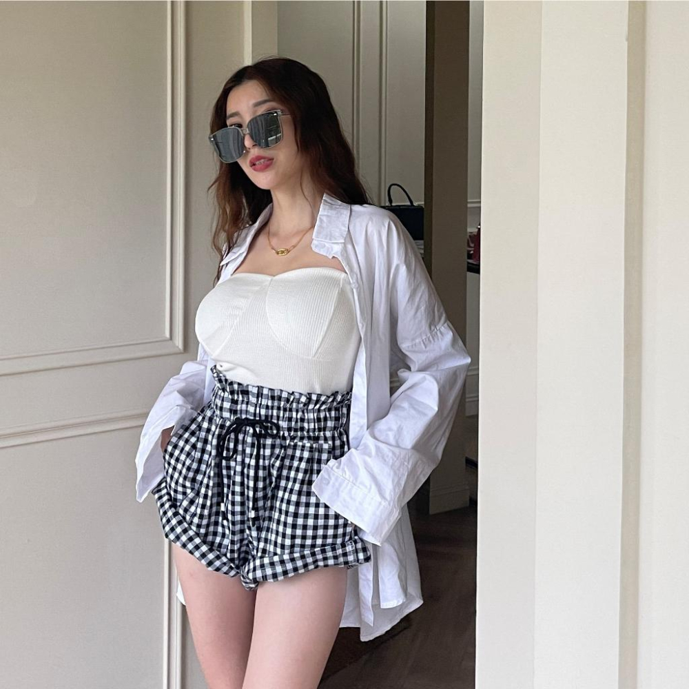 【DOE.FF】 花苞格紋短褲 (現貨) 休閒短褲 顯瘦短褲 A字短褲 闊腿褲 棉短褲 短褲女 綁繩短褲 捲邊短褲-細節圖3