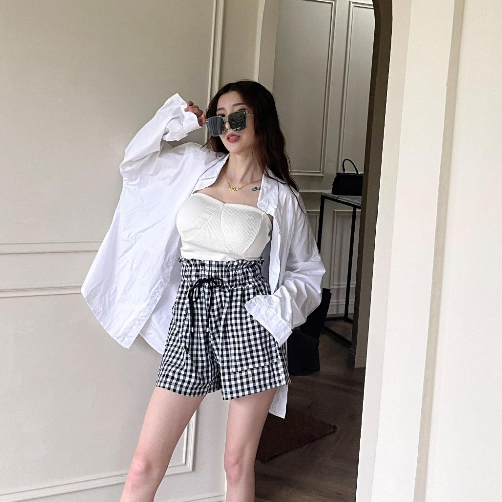 【DOE.FF】 花苞格紋短褲 (現貨) 休閒短褲 顯瘦短褲 A字短褲 闊腿褲 棉短褲 短褲女 綁繩短褲 捲邊短褲-細節圖4