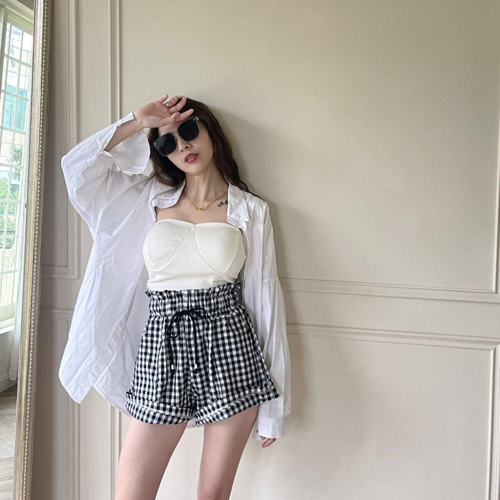 【DOE.FF】 花苞格紋短褲 (現貨) 休閒短褲 顯瘦短褲 A字短褲 闊腿褲 棉短褲 短褲女 綁繩短褲 捲邊短褲-細節圖6