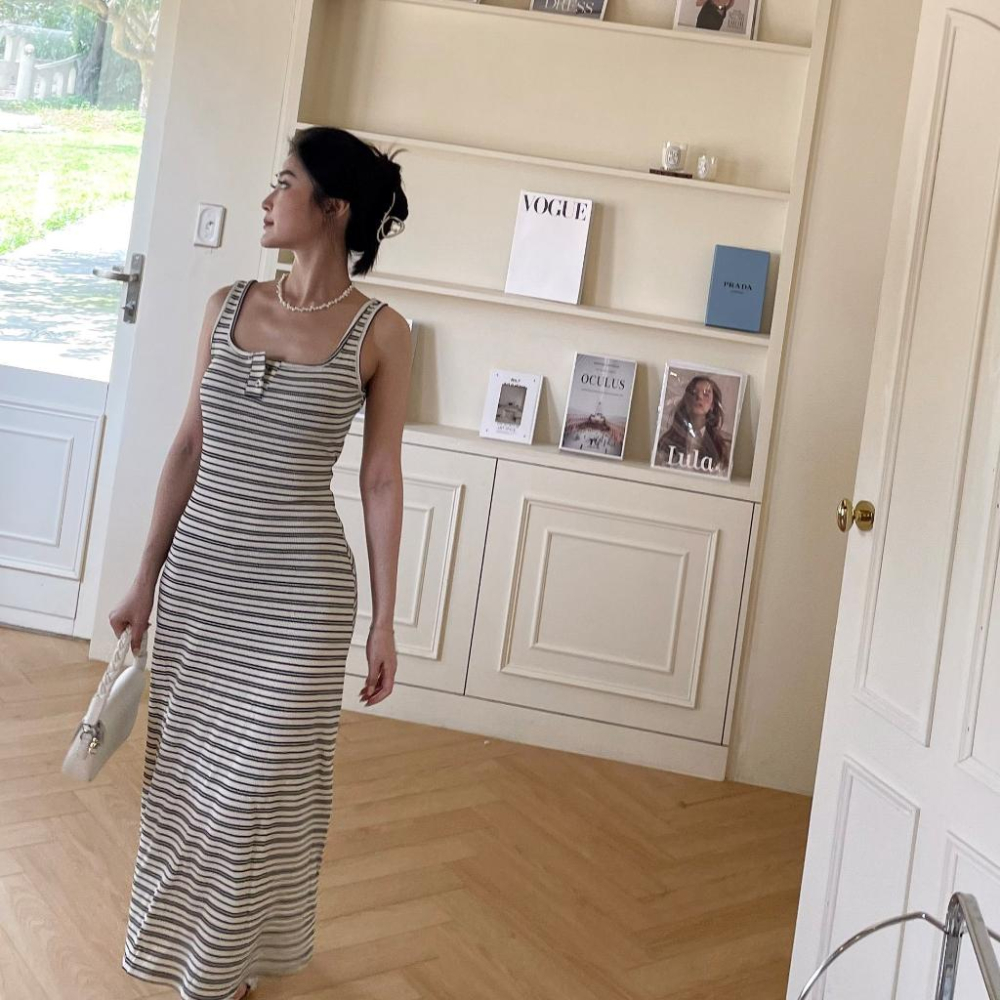 【DOE.FF】 條紋顯瘦背心長洋 (現+預) 洋裝 連身裙 顯瘦洋裝 長洋 渡假洋裝 孕婦裝 連體裙 背心洋裝-細節圖8