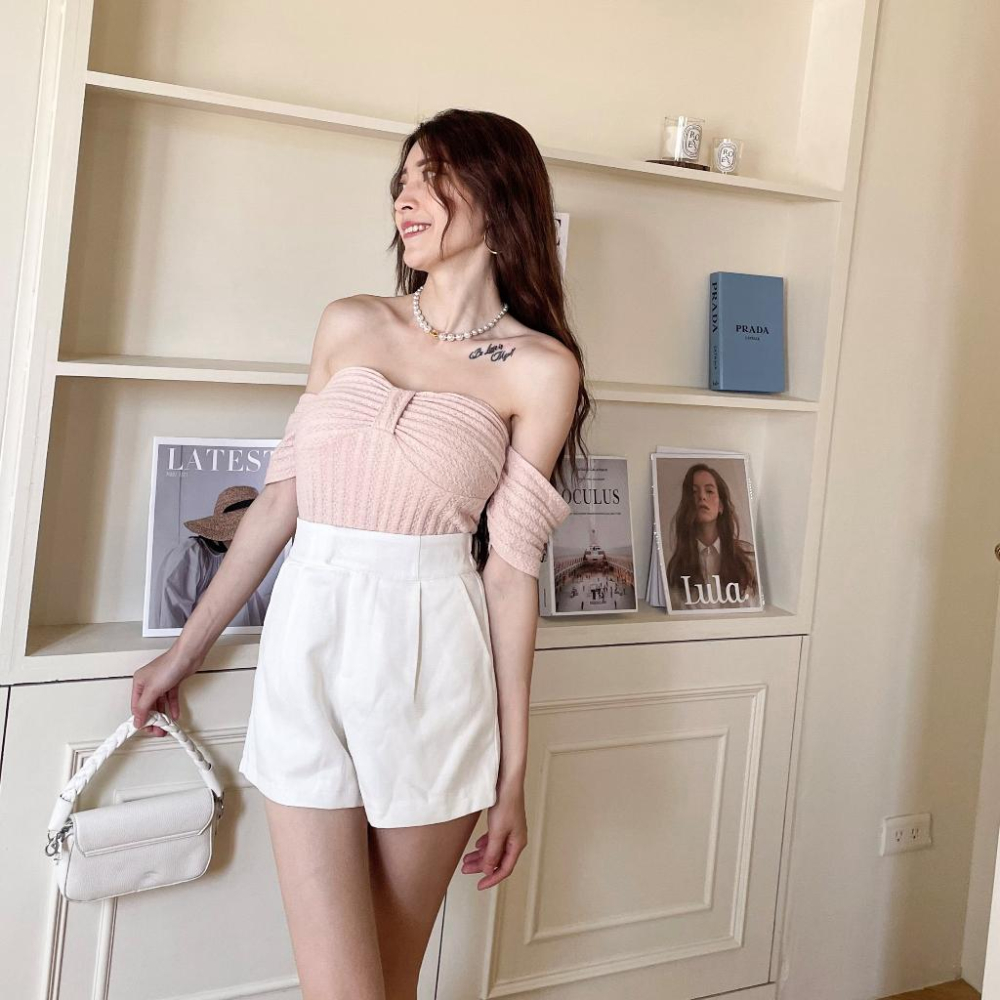 【DOE.FF】 溫柔桃心斷袖上衣 (現+預) 短袖上衣 平口上衣 一字領上衣 露肩上衣 上衣女 背心女 粉色上衣女-細節圖8