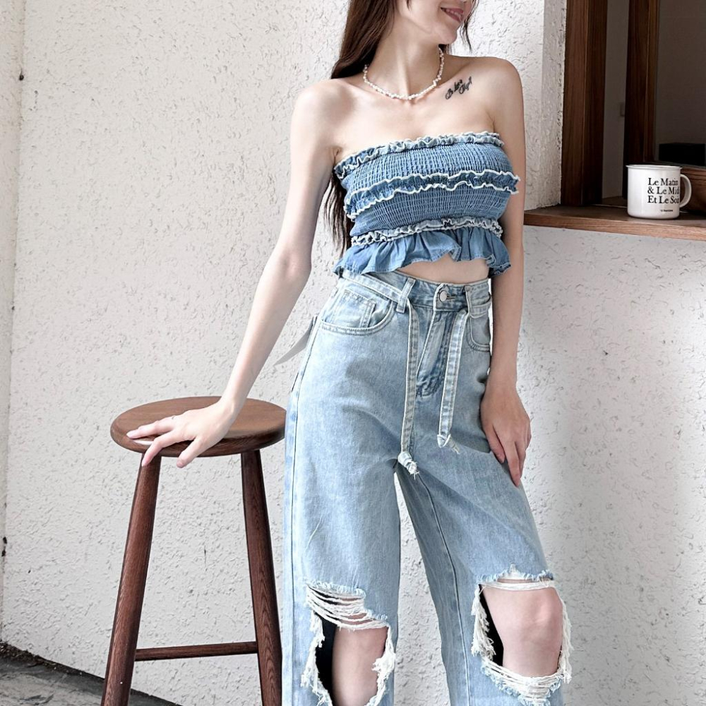 【DOE.FF】 藍天雲朵牛仔抹胸 (現+預) 上衣女 露肩上衣 平口上衣 歐美上衣 無袖背心 辣妹上衣 平口背心-細節圖2