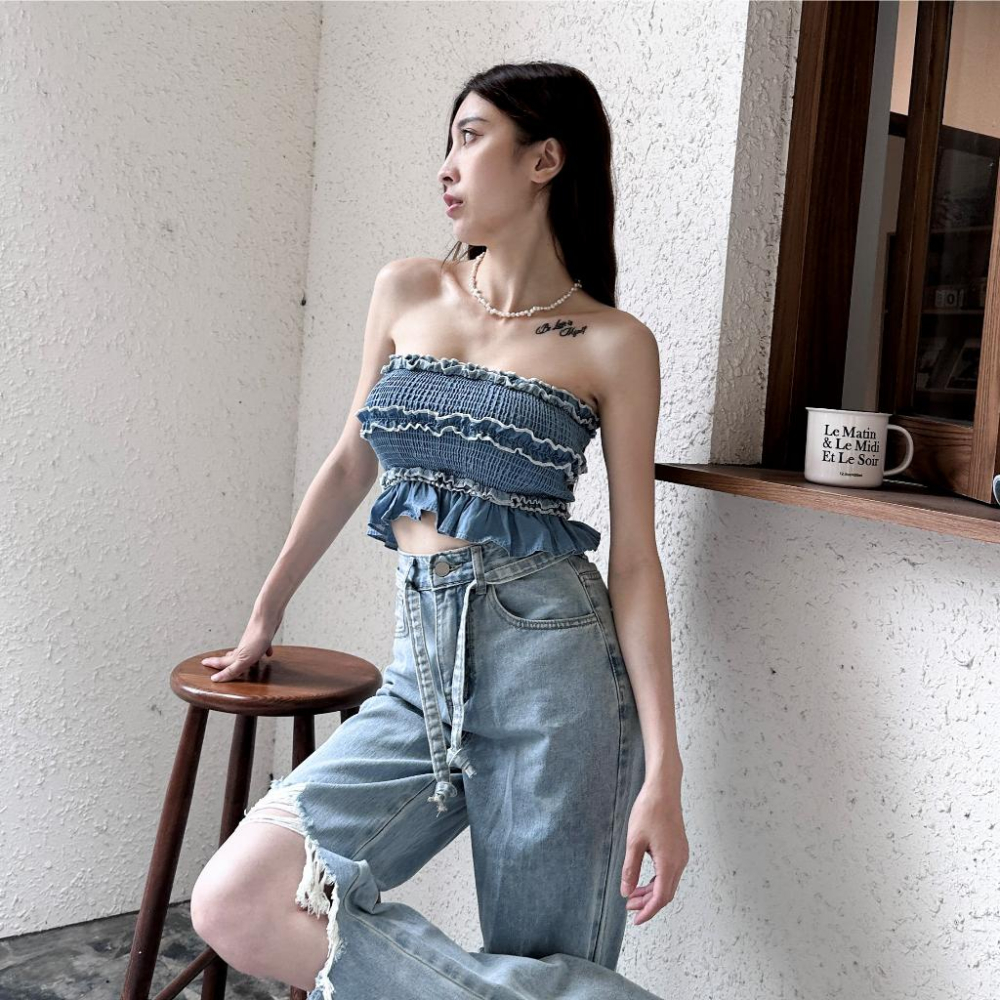 【DOE.FF】 藍天雲朵牛仔抹胸 (現+預) 上衣女 露肩上衣 平口上衣 歐美上衣 無袖背心 辣妹上衣 平口背心-細節圖4