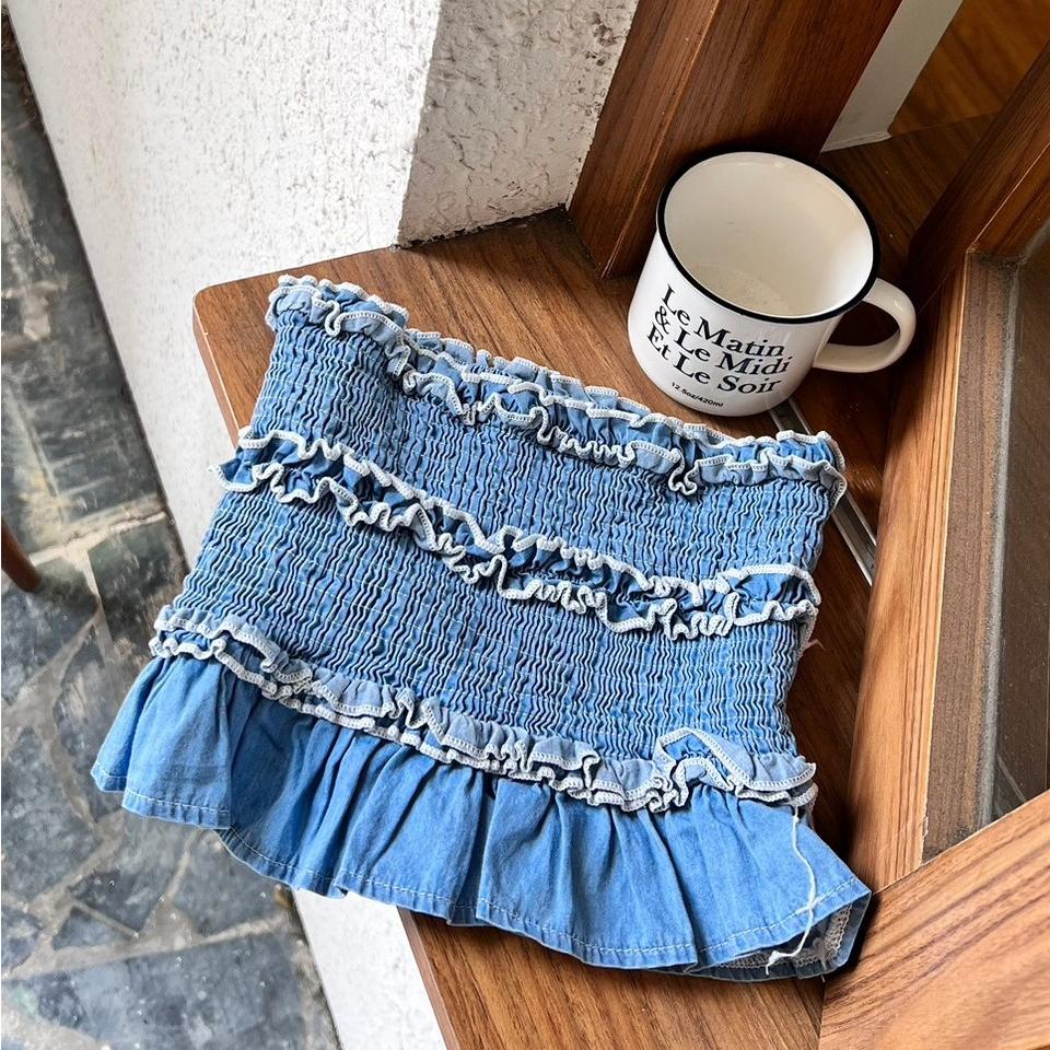 【DOE.FF】 藍天雲朵牛仔抹胸 (現+預) 上衣女 露肩上衣 平口上衣 歐美上衣 無袖背心 辣妹上衣 平口背心-細節圖5