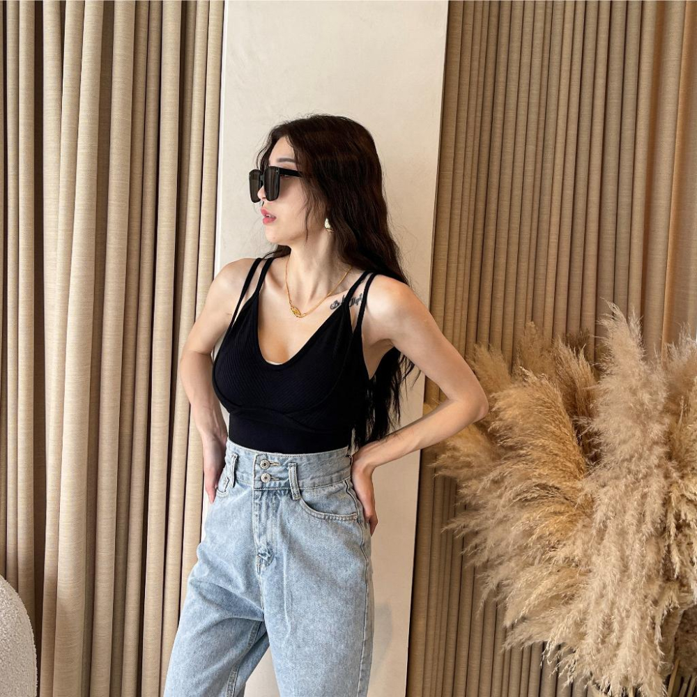 【DOE.FF】 螺紋假兩件杯墊背心 (現貨) 內搭背心 辣妹上衣 無袖上衣 無袖背心 背心女 細肩帶背心 短版背心-細節圖2