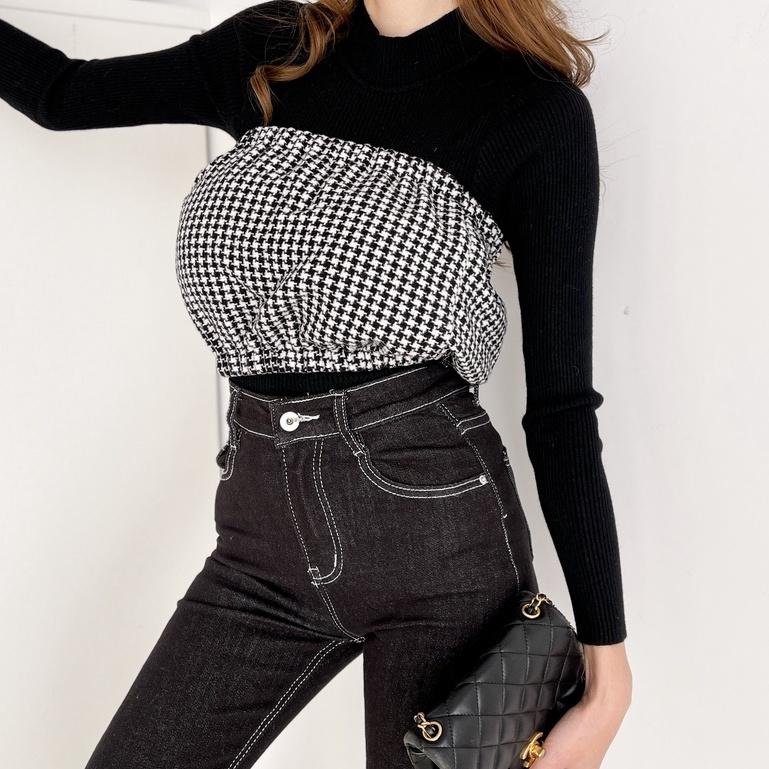 【DOE.FF】千鳥格毛呢抹胸BRATOP｜現貨｜ 背心女 女裝 bratop 露肩上衣 辣妹上衣 歐美上衣 顯胸上衣-細節圖4