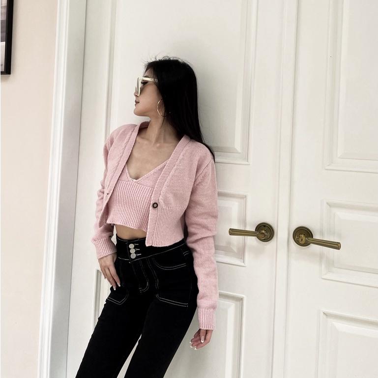 【DOE.FF】歐美V領織紋兩件套｜現貨｜女裝 秋冬 毛衣 針織外套 短版上衣 套裝女 背心女打底衫 針織衫 套裝女-細節圖3