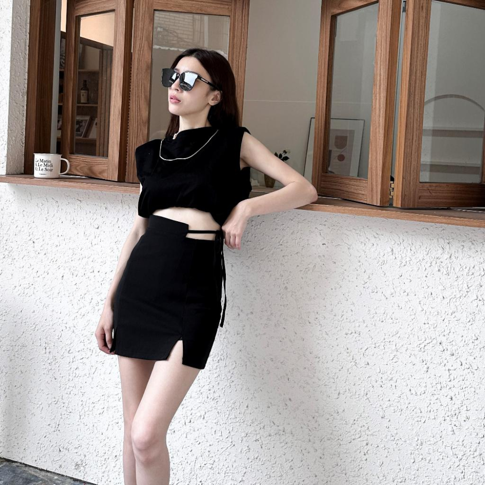 【DOE.FF】 側綁帶開岔西裝短裙 (現+預) 短裙女 褲裙 高腰短裙 顯瘦短裙 辣妹短裙 迷你裙 彈力短裙-細節圖2