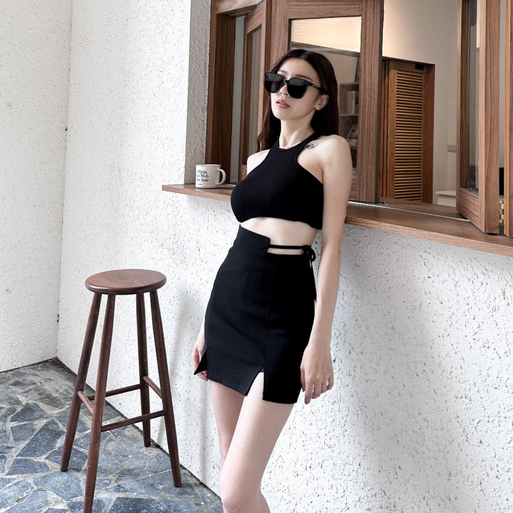 【DOE.FF】 側綁帶開岔西裝短裙 (現+預) 短裙女 褲裙 高腰短裙 顯瘦短裙 辣妹短裙 迷你裙 彈力短裙-細節圖4