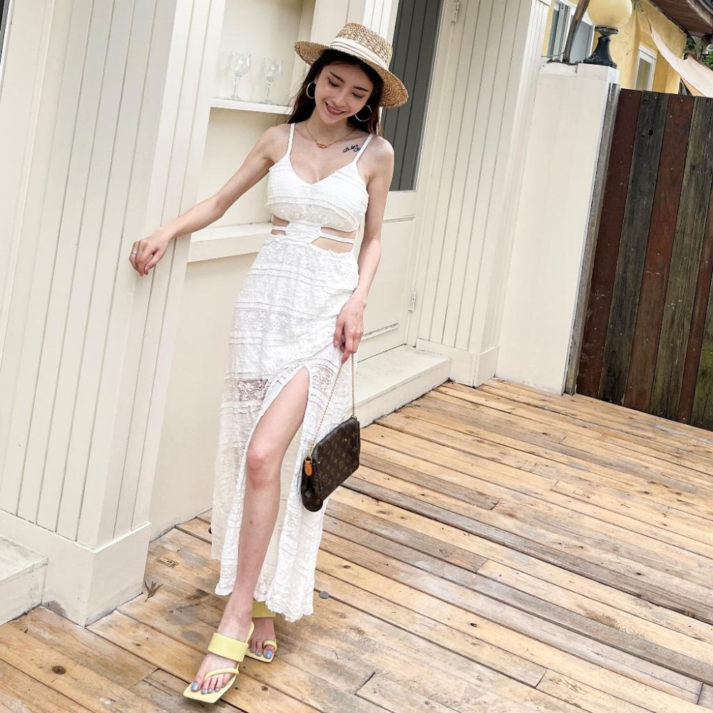 【DOE.FF】 蕾絲開衩帶杯長洋 (現+預) 渡假長洋 粉色洋裝 連身裙 洋裝女 顯瘦洋裝 連體裙 禮服-細節圖9