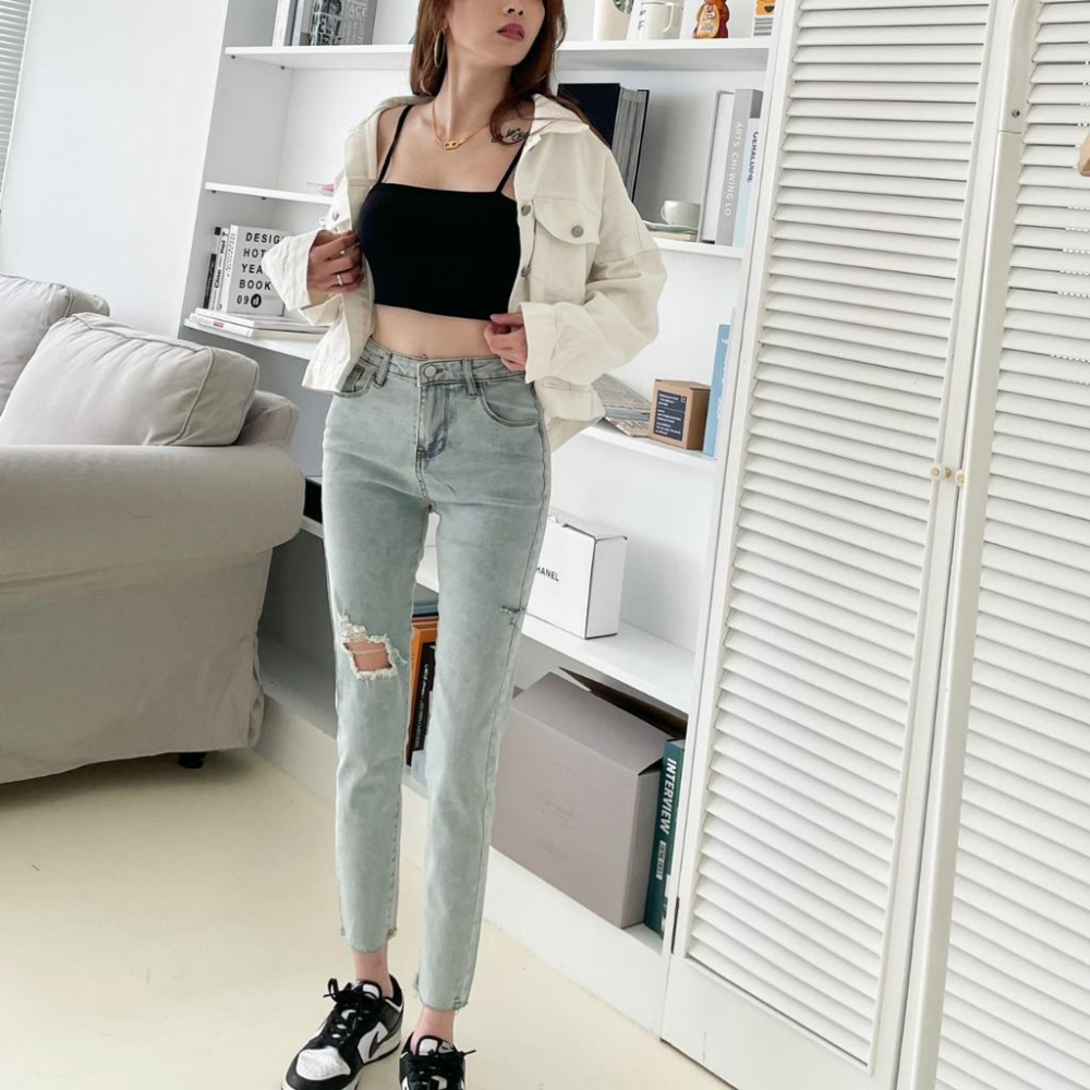 【DOE.FF】 割破八分牛仔小腳褲 (現+預) 長褲女 牛仔長褲 緊身褲 顯瘦長褲 牛仔褲 魔術褲 女裝-細節圖5