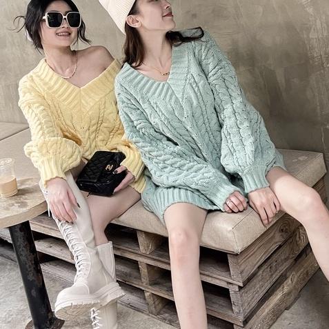 【DOE.FF】彩麻花寬毛衣｜現貨｜寬鬆毛衣 下半身失蹤 長版毛衣 韓國 毛衣女 Ｖ領毛衣 韓國 韓版 oversize-細節圖6