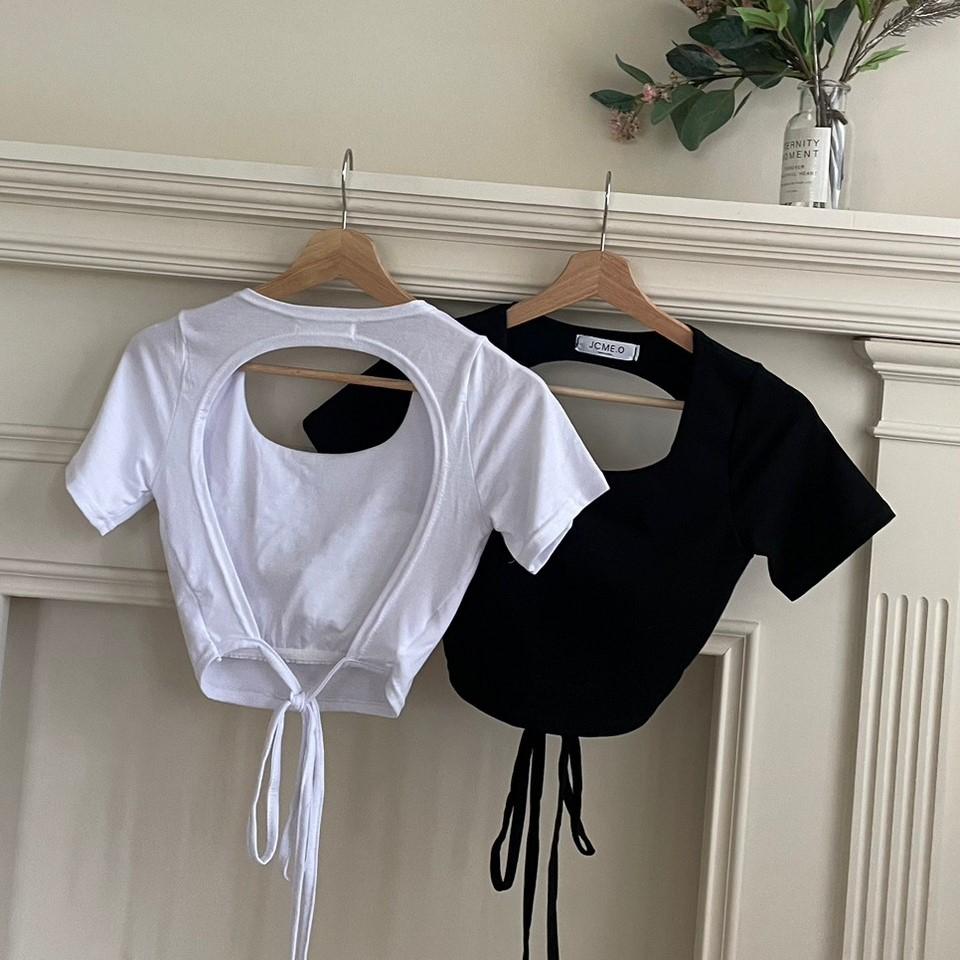 【DOE.FF】 露背綁繩杯墊短T (現貨) 素色上衣 素T T恤 短版上衣 BRATOP 歐美上衣 上衣女 辣妹上衣-細節圖7