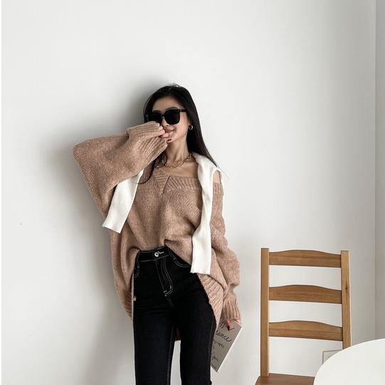 【DOE.FF】慵懶V領厚磅寬鬆毛衣｜現貨｜ V領毛衣 oversize 寬鬆毛衣 毛衣女 針織毛衣-細節圖6