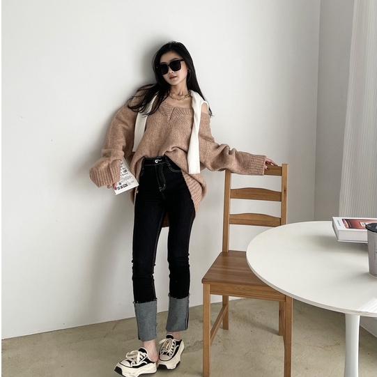 【DOE.FF】慵懶V領厚磅寬鬆毛衣｜現貨｜ V領毛衣 oversize 寬鬆毛衣 毛衣女 針織毛衣-細節圖7