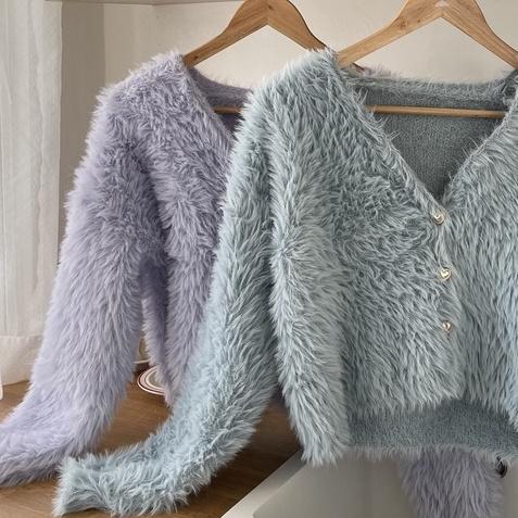 【DOE.FF】愛心釦水貂毛外套 （現貨） 毛毛外套 針織外套 毛衣外套 水貂毛外套 保暖外套 厚外套 女裝 秋冬外套-細節圖7