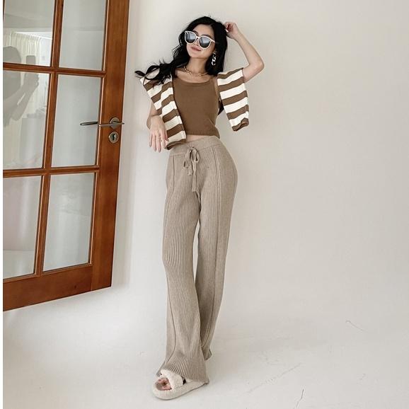 【DOE.FF】厚磅坑條針織寬褲｜現貨｜ 針織長褲 針織寬褲 闊腿褲 高腰長褲 長褲女 顯瘦長褲 牛仔長褲 針織 毛衣-細節圖5