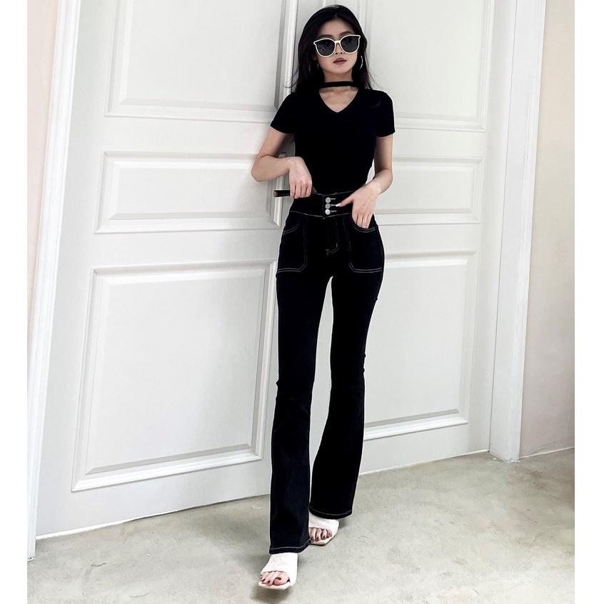 【DOE.FF】 韓國車線俐落長腿喇叭褲 (現貨) 牛仔長褲 牛仔褲 長褲女 喇叭褲 顯瘦長褲 高腰長褲 辣妹風 寬褲-細節圖3