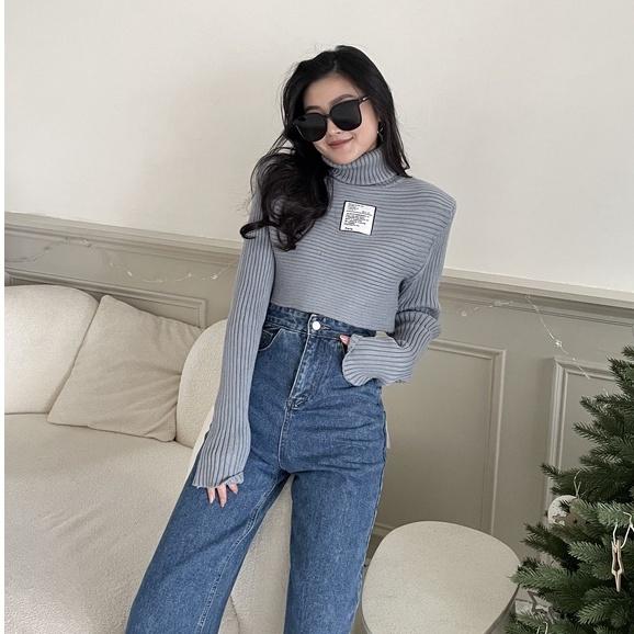 【DOE.FF】高領坑條標籤墊肩毛衣｜現貨｜高領毛衣 韓國 針織上衣 打底衫 女裝 ＩＮＳ風 短版上衣 快速出貨 短版-細節圖2