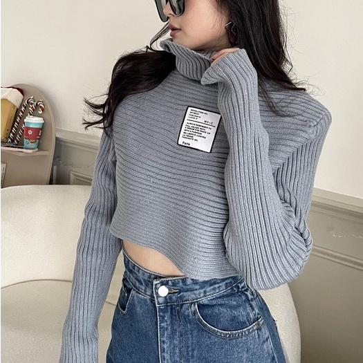 【DOE.FF】高領坑條標籤墊肩毛衣｜現貨｜高領毛衣 韓國 針織上衣 打底衫 女裝 ＩＮＳ風 短版上衣 快速出貨 短版-細節圖3